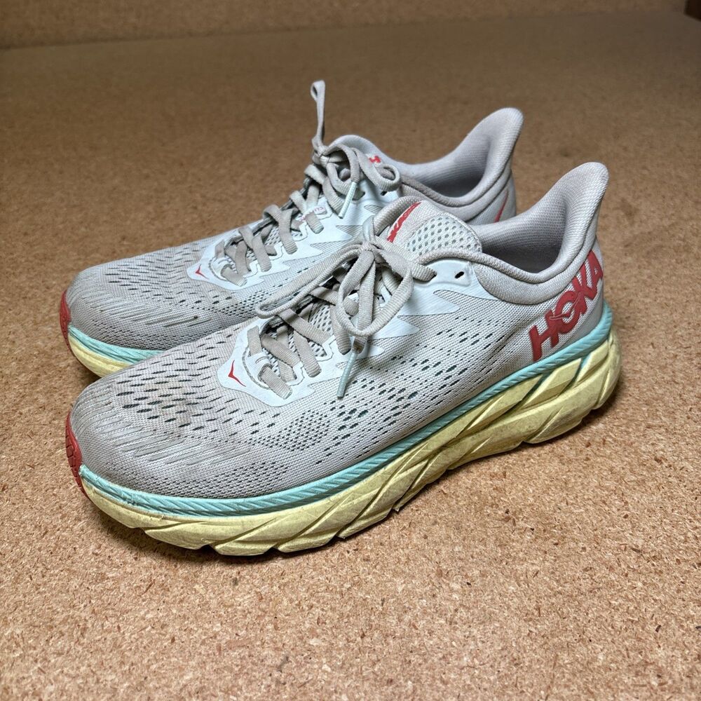 Hoka One One Clifton 7 Shoes Womens 8.5 Morning Mist Hot Coral Running
